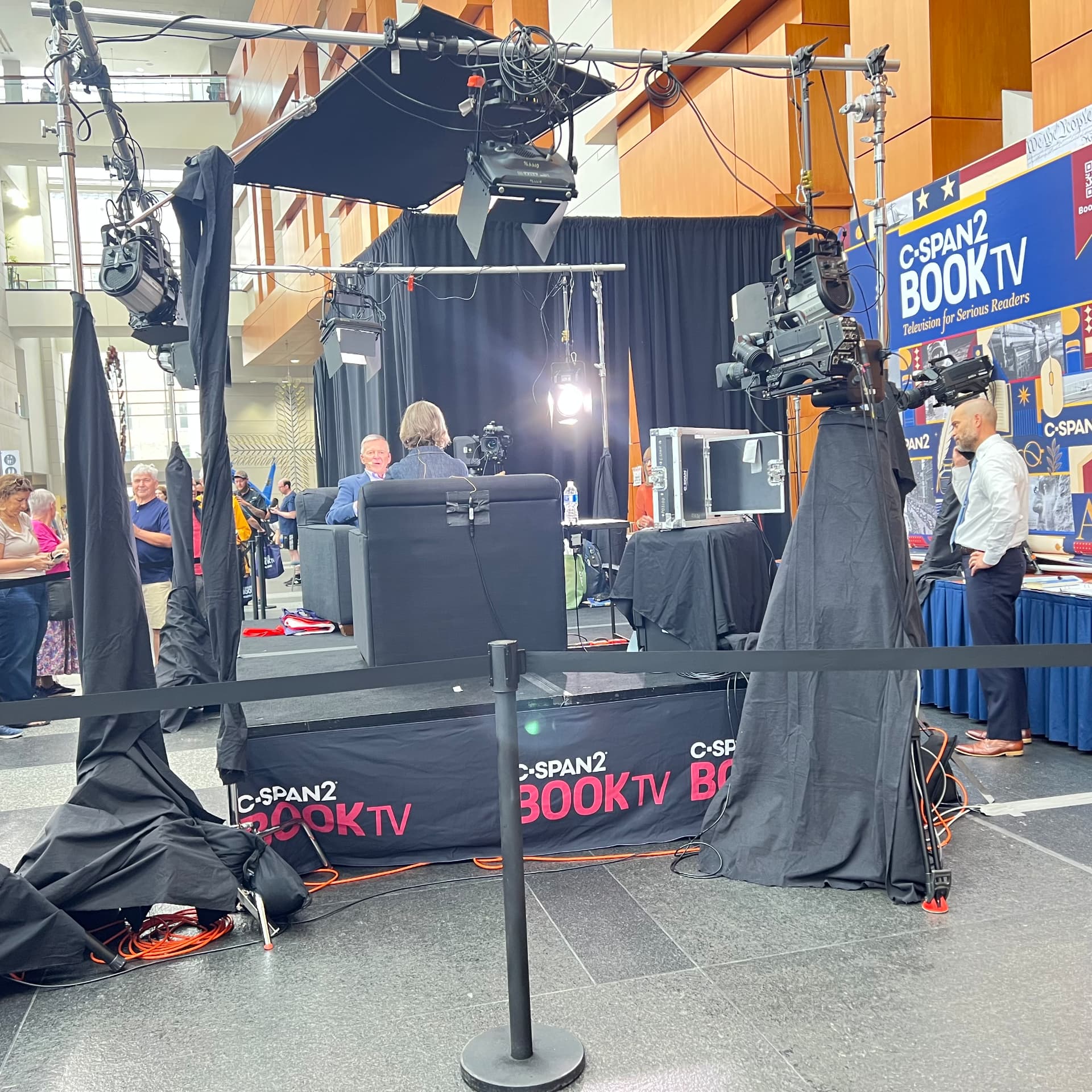 The C-SPAN2 Book TV set with cameras and lights at the National Book Festival